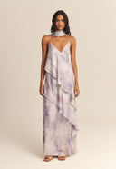 VESTIDO MARIA SEDA IMPRESSÃO BOTÂNICA PALHA DE MILHO ROXO