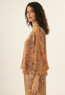 BLUSA KAUANA SEDA IMPRESSAO BOTANICA CATUABA MACELA CLITORIA