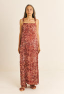 VESTIDO NARA SEDA IMPRESSAO BOTANICA IMPRESSAO BOTANICA CRAJIRU VERMELHO