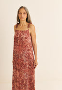 VESTIDO NARA SEDA IMPRESSAO BOTANICA IMPRESSAO BOTANICA CRAJIRU VERMELHO
